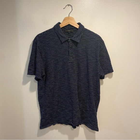 VINCE Blue Knit Stripe Cotton Extra Slim Fit Luxury Preppy Polo Shirt Mens Large - Picture 2 of 9